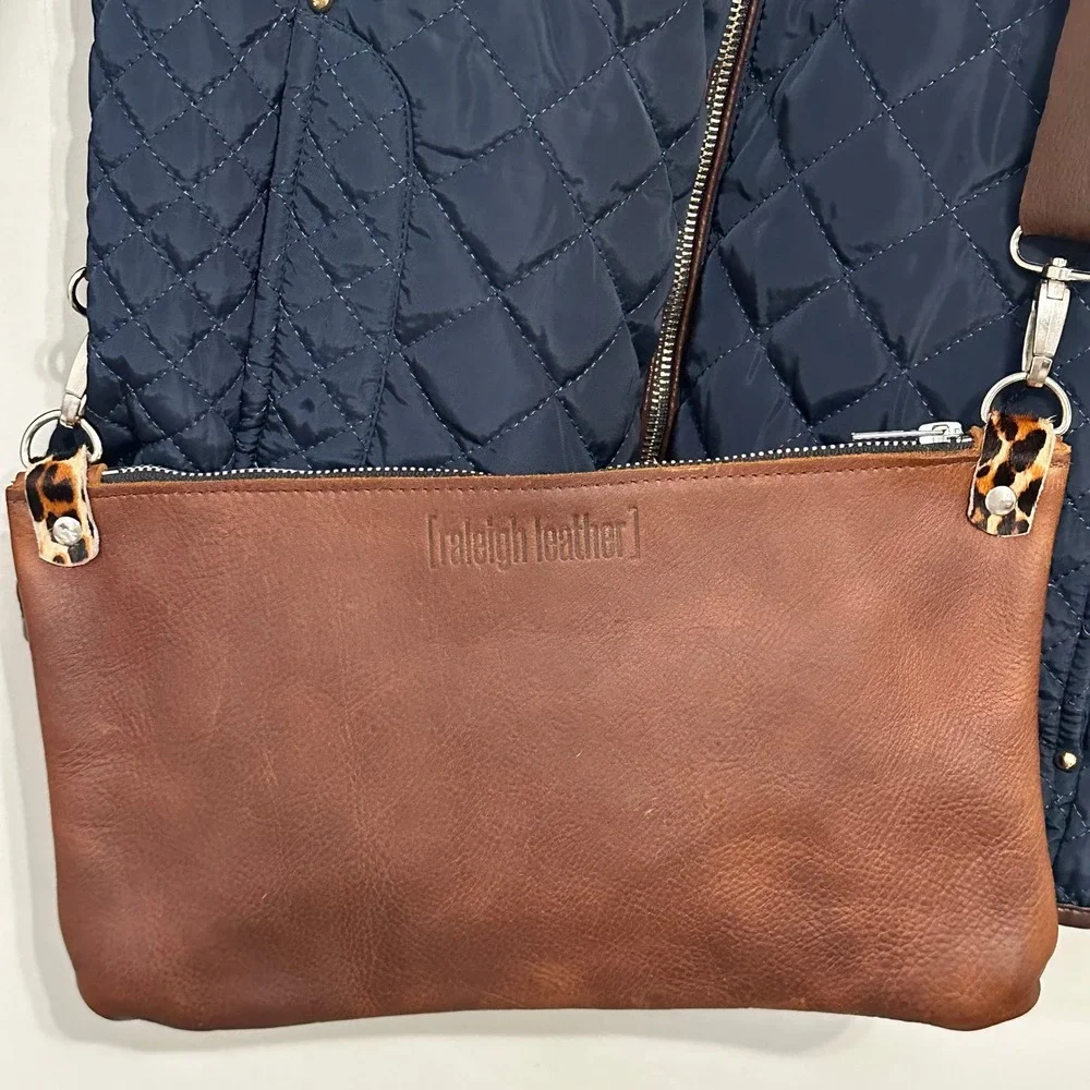 Raleigh Leather Brown Leather Crossbody Bag Leopard Pony Hair Hand Strap Artisan